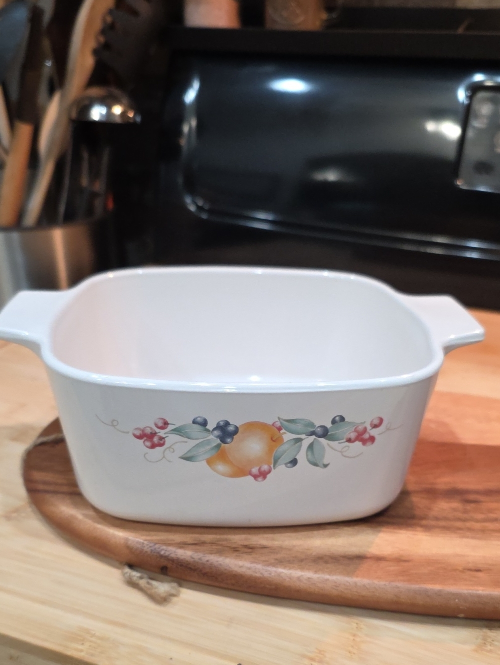 Corningware White Ceramic Casserole with Fruit Motif